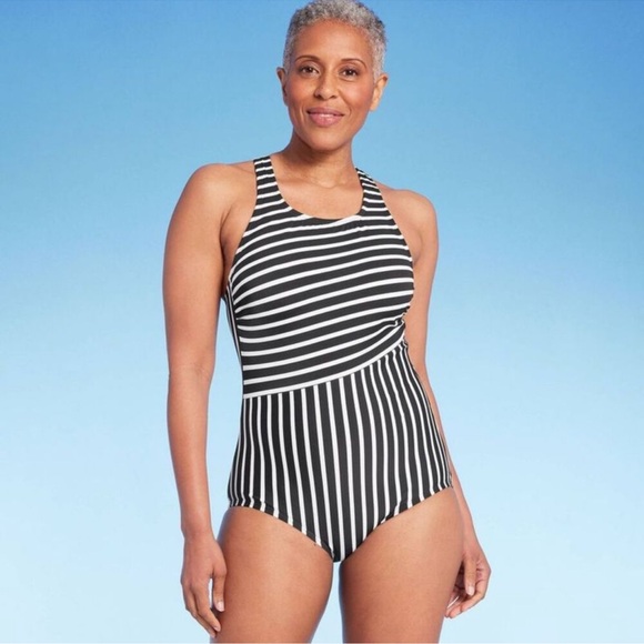 LANDS' END size Small (6-8) One-Piece Swimsuit UPF 50 Full Coverage Striped NEW - Picture 1 of 14